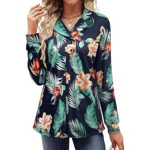 Collared V Neck Hawaiian Print Top S Blue Floral Long Sleeve Buttons Stretch